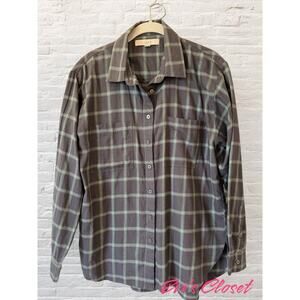 LOFT Ann Taylor Button Up Grey Green Plaid Long Sleeve Shirt Blouse Women's Sz M
